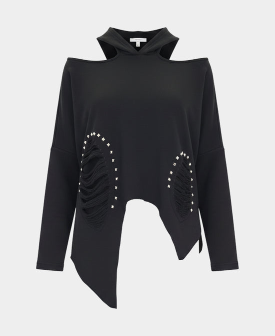 Cold Shoulder Asymmetrical Top w/ Studs & Hood view 