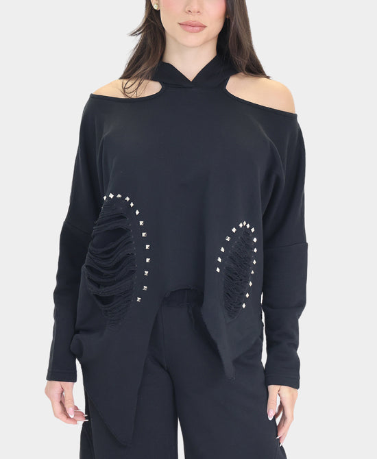 Cold Shoulder Asymmetrical Top w/ Studs & Hood view 