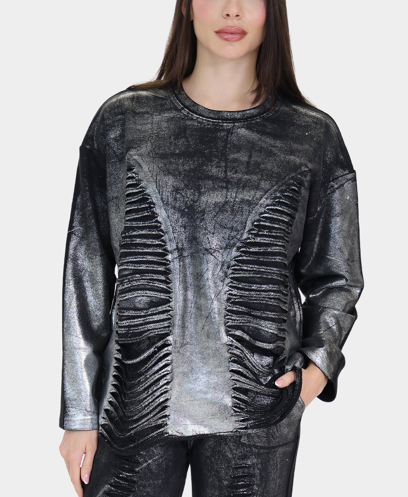 Distressed Sweatshirt w/ Metallic Front view 1