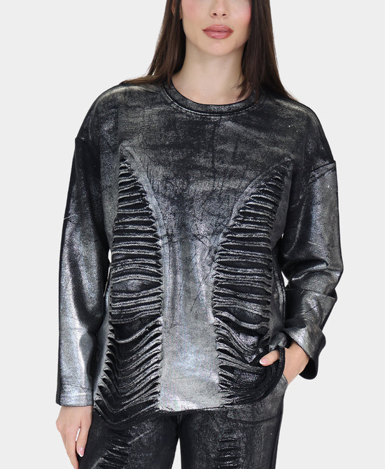 Distressed Sweatshirt w/ Metallic Front view 