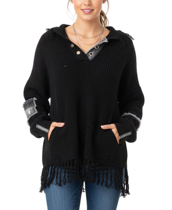 Distressed Sweater w/ Denim Accents view 