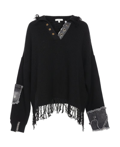 Distressed Sweater w/ Denim Accents image 1