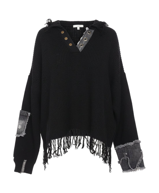 Distressed Sweater w/ Denim Accents view 