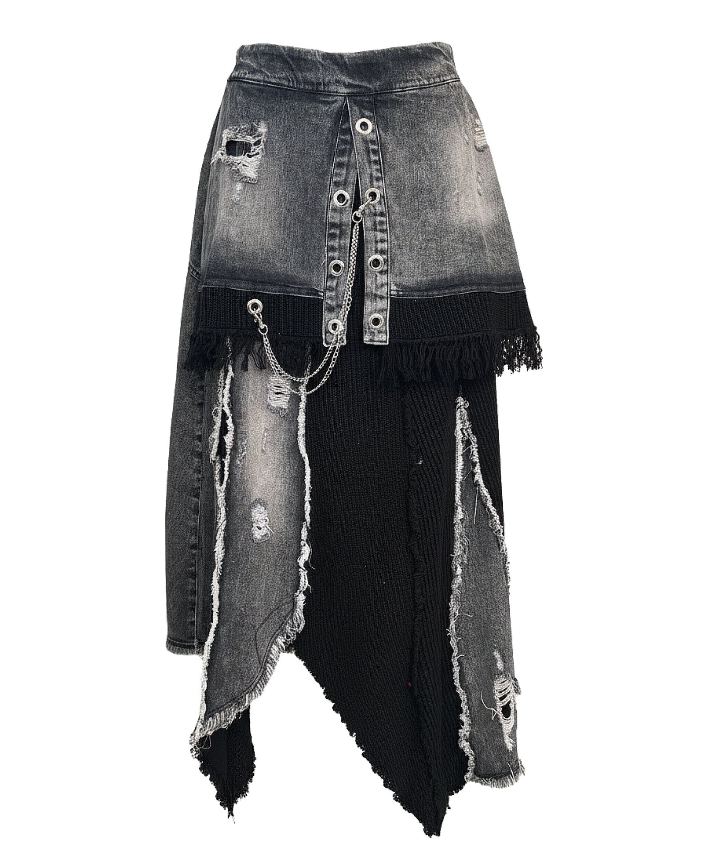 Distressed Denim & Knit Midi Skirt