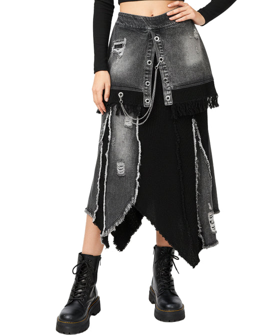 Distressed Denim & Knit Midi Skirt view 