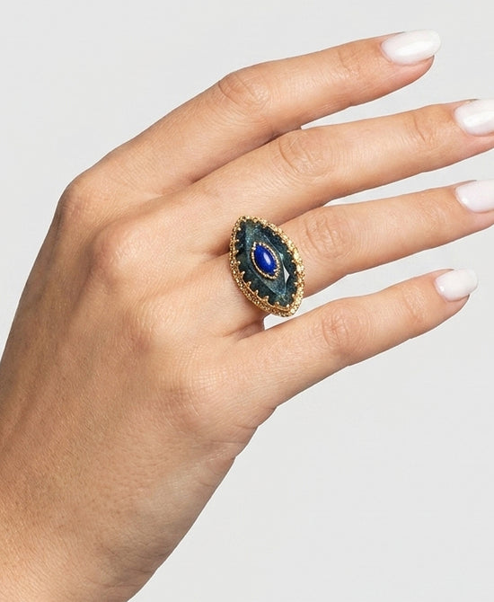 
Natural Stone "Evil Eye" Ring in GREEN/GOLD/BLUE view 1