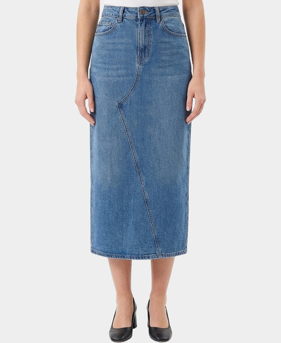 Denim Maxi Skirt w/ Frayed Hem view 1