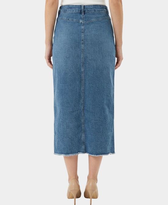 Denim Maxi Skirt w/ Frayed Hem view 2