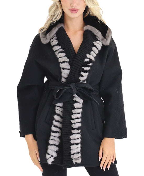 Wool & Shearling Wrap Coat w/ Mink Fur Trim view 1