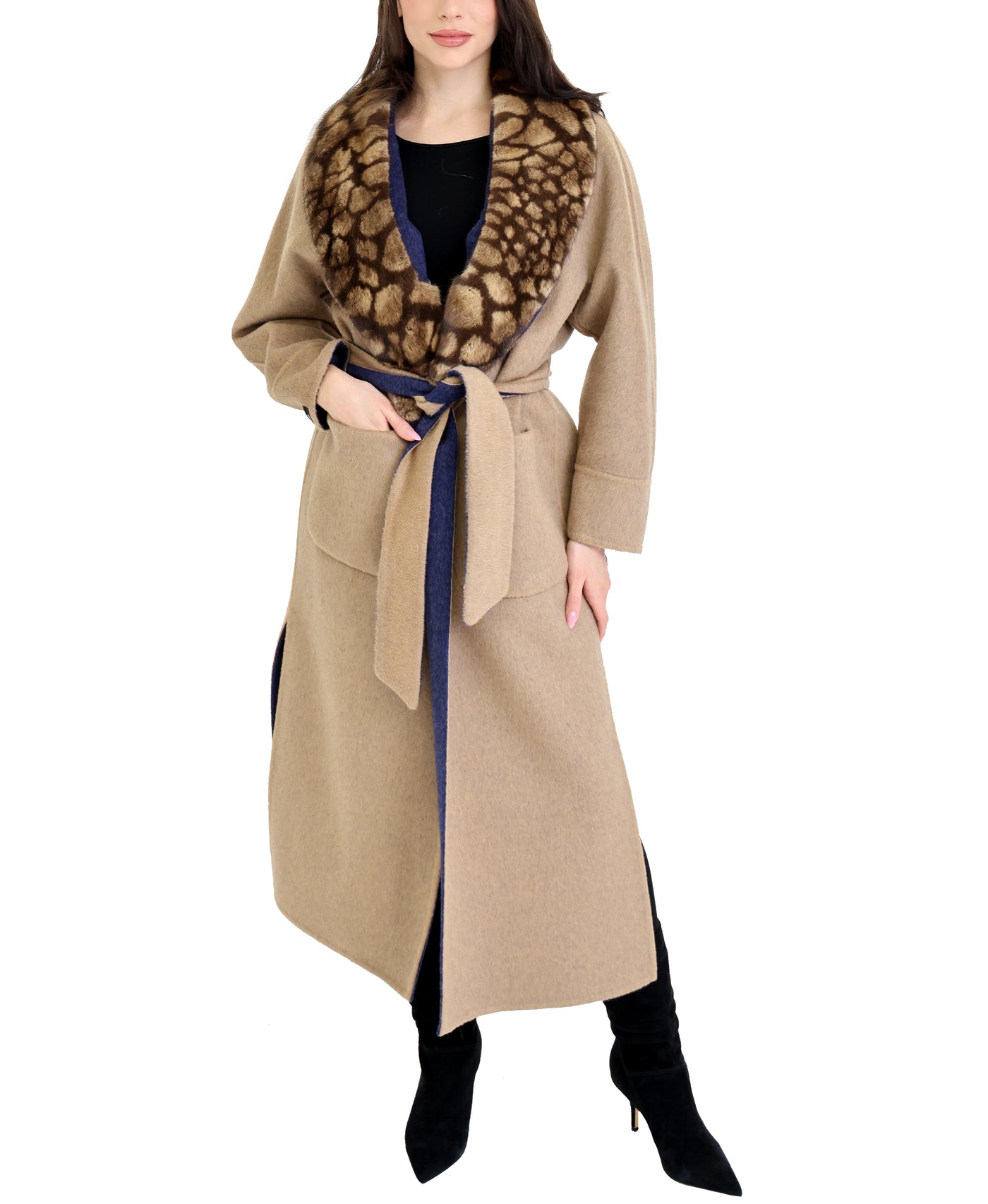 Wool Two-Tone Coat w/ Leopard Fur Collar view 1