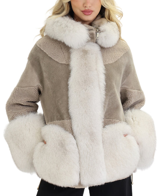 Shearling Jacket w/ Fox Fur Trim & Hood view 1