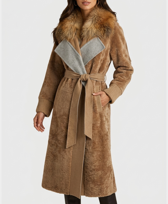 
Shearling & Wool Coat w/ Fox Fur Trim in CAMEL view 1
