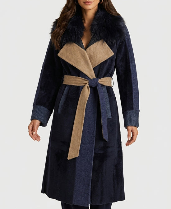 
Shearling & Wool Coat w/ Fox Fur Trim in MIDNIGHT BLUE view 1