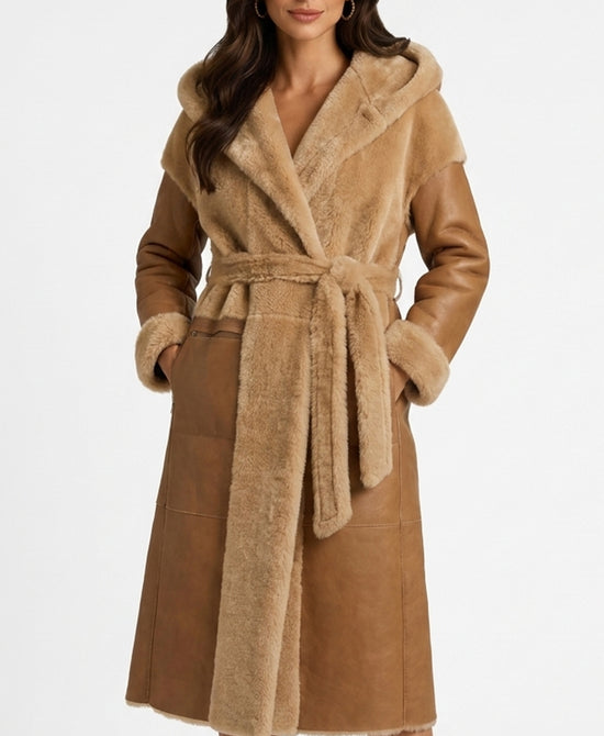 
Reversible Shearling Coat w/ Hood in CAMEL/BEIGE view 2