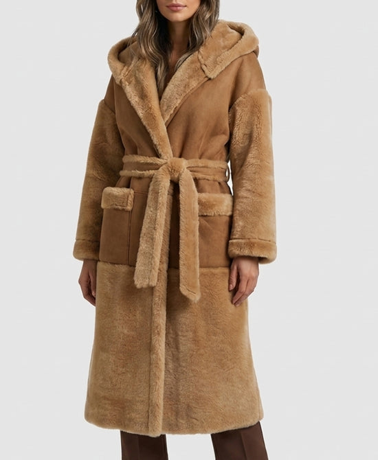 
Reversible Shearling Coat w/ Hood in CAMEL/BEIGE view 1