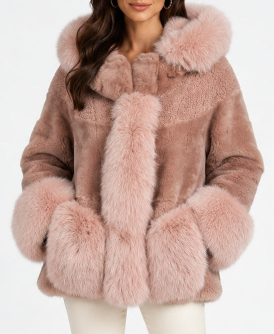 
Shearling Jacket w/ Fox Fur Trim & Hood in PINK view 1