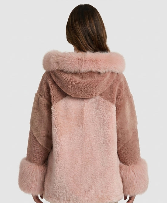 
Shearling Jacket w/ Fox Fur Trim & Hood in PINK view 2