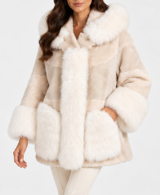 
Shearling Jacket w/ Fox Fur Trim & Hood in STONE/WHITE view 1