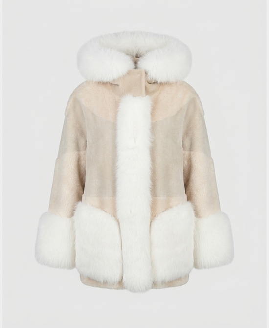 
Shearling Jacket w/ Fox Fur Trim & Hood in STONE/WHITE view 2