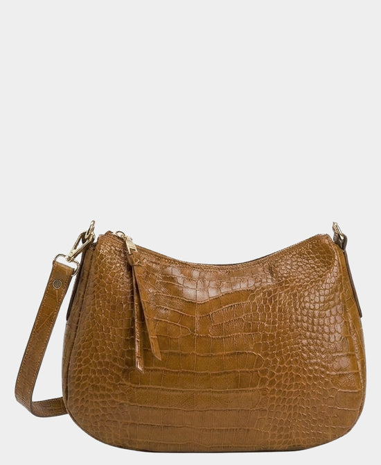 
Leather Croc Print Double Pouch Handbag in BROWN view 2
