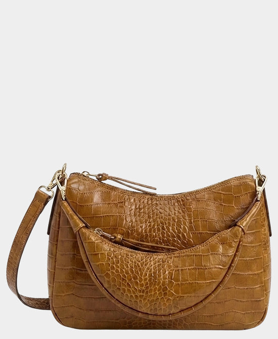 
Leather Croc Print Double Pouch Handbag in BROWN view 1