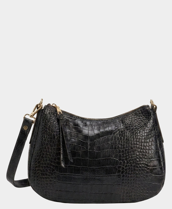 
Leather Croc Print Double Pouch Handbag in BLACK view 2
