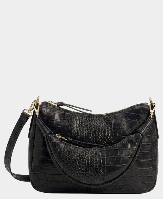 
Leather Croc Print Double Pouch Handbag in BLACK view 1