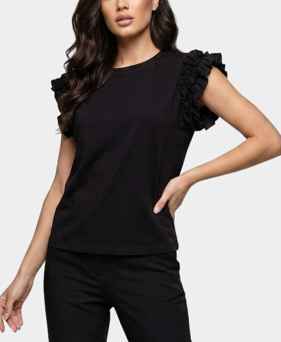 
Tee w/ Ruffle Sleeve Detail in BLACK view 1