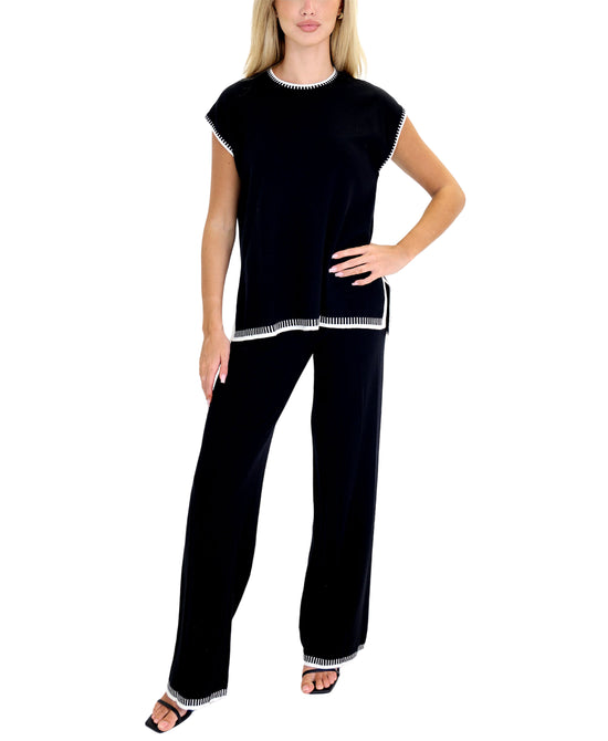 Contrast Stitching Knit Top & Pants Set- 2 Pc Set view 