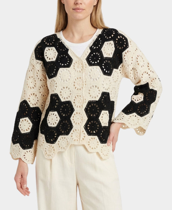 
Crochet Cardigan Sweater in BLACK/IVORY view 1