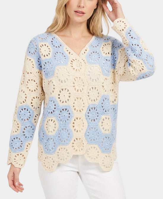 
Crochet Cardigan Sweater in BLUE/CREAM view 1