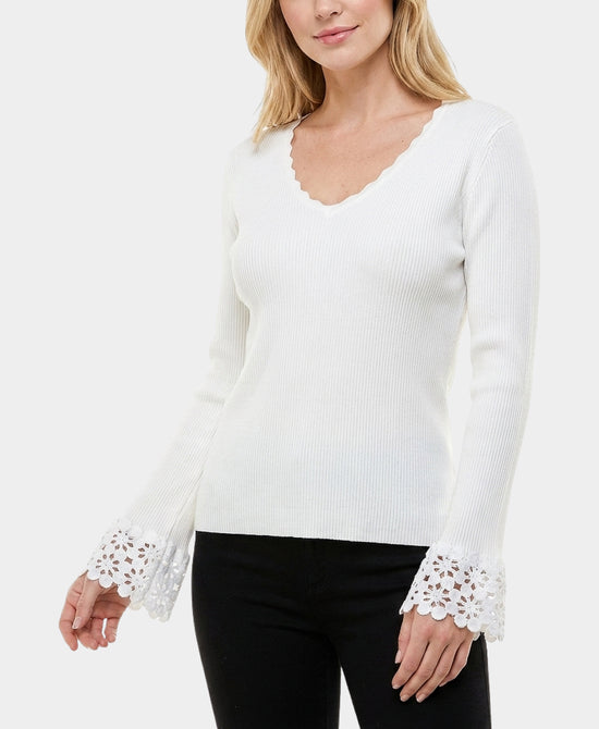 
Ribbed Knit Top w/ Crochet Detail in WHITE view 1