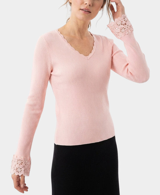 
Ribbed Knit Top w/ Crochet Detail in PINK view 1