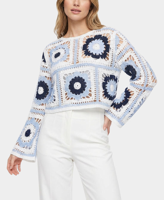 
Crochet Granny Patch Crop Sweater in BLUE/WHITE view 1