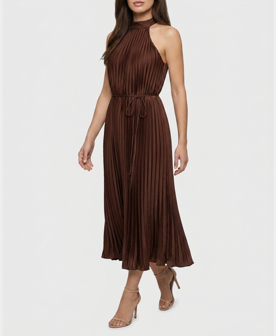 
Pleated Halter Midi Dress in DARK BROWN view 1