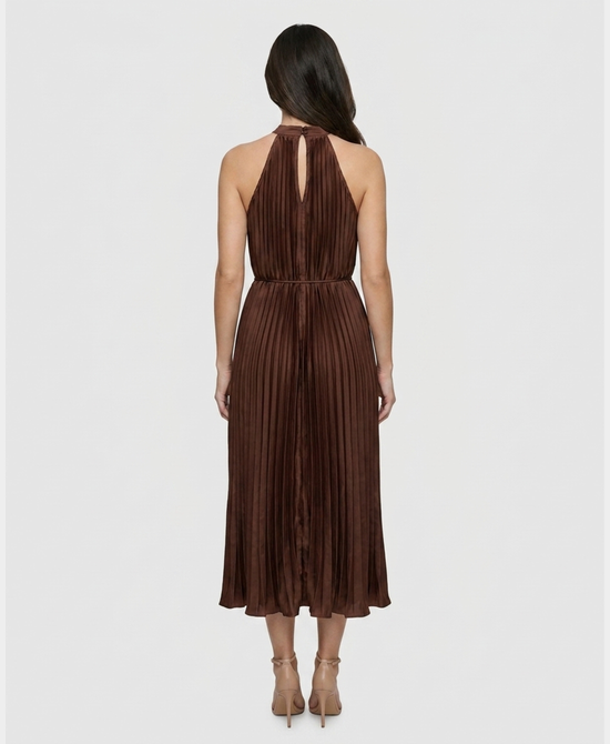 
Pleated Halter Midi Dress in DARK BROWN view 2