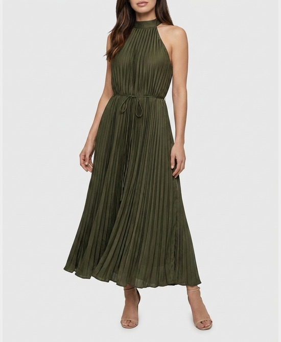 
Pleated Halter Midi Dress in FOREST GREEN view 1
