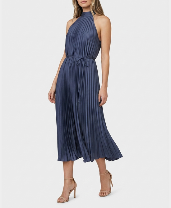 
Pleated Halter Midi Dress in SLATE BLUE view 1