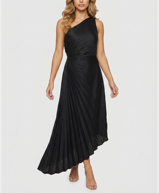 
Pleated One Shoulder Hi-Lo Dress in BLACK view 1