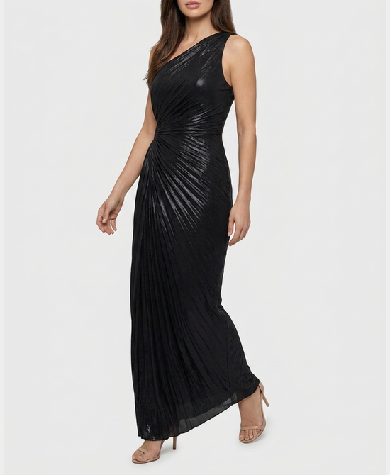 
Pleated One Shoulder Maxi Dress in BLACK view 1