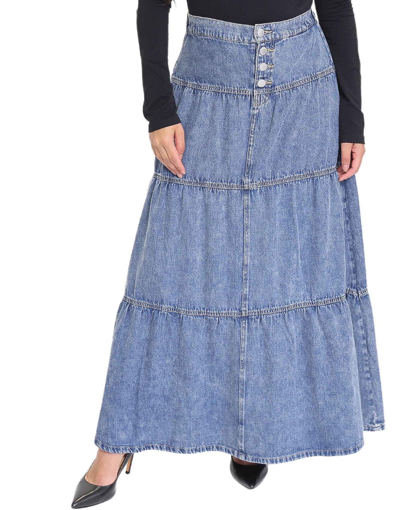 Denim Tiered Maxi Skirt image 1