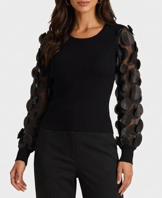 
Knit Rib Top w/ Circle Mesh Sleeves in BLACK view 1