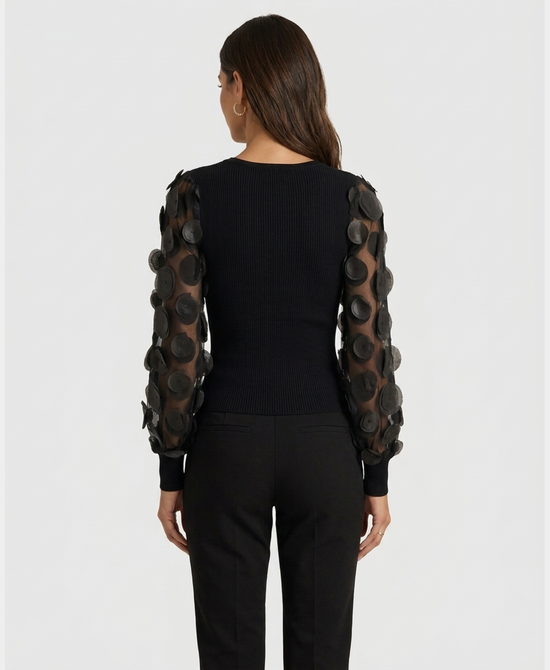 
Knit Rib Top w/ Circle Mesh Sleeves in BLACK view 2