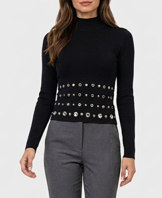 
Knit Top w/ Grommets & Rhinestones in BLACK view 1