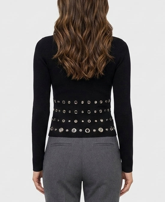 
Knit Top w/ Grommets & Rhinestones in BLACK view 2