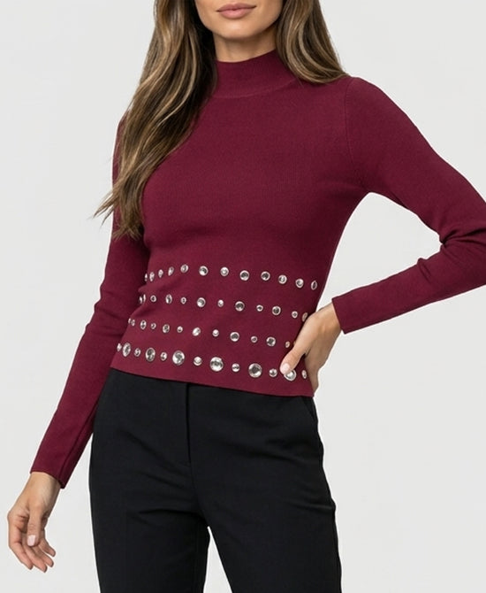 
Knit Top w/ Grommets & Rhinestones in BURGUNDY view 1