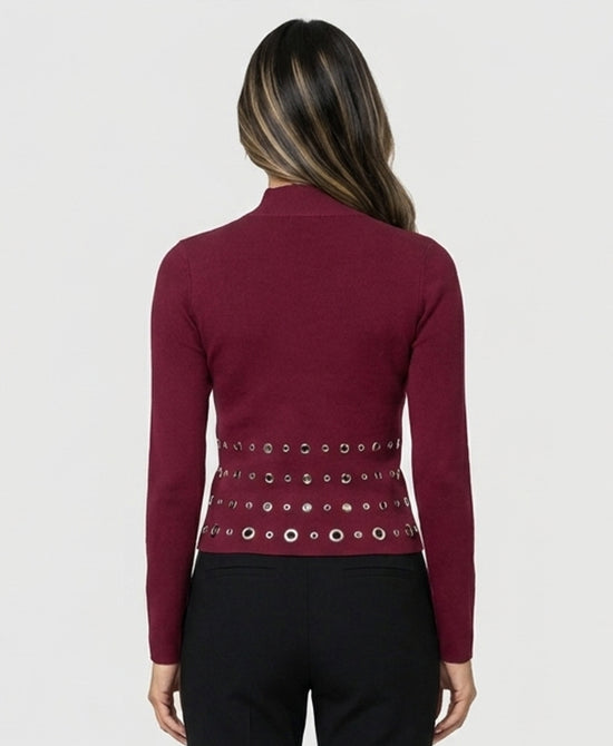 
Knit Top w/ Grommets & Rhinestones in BURGUNDY view 2