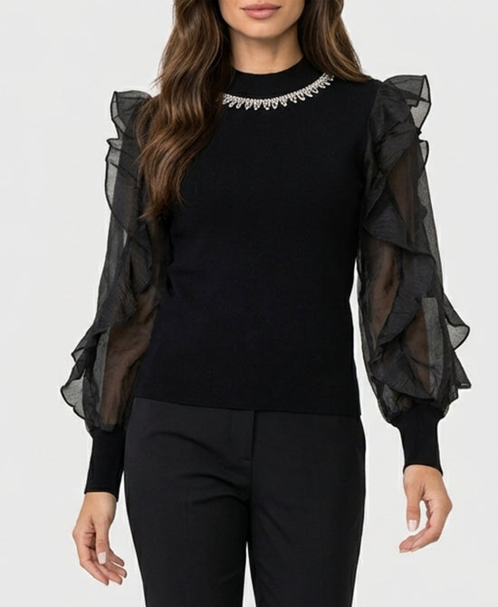
Sweater w/ Rhinestone Neck & Ruffle Sleeves in BLACK view 1