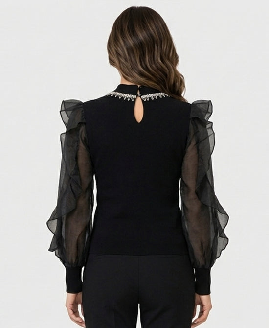 
Sweater w/ Rhinestone Neck & Ruffle Sleeves in BLACK view 2
