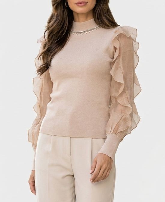 
Sweater w/ Rhinestone Neck & Ruffle Sleeves in BEIGE view 1